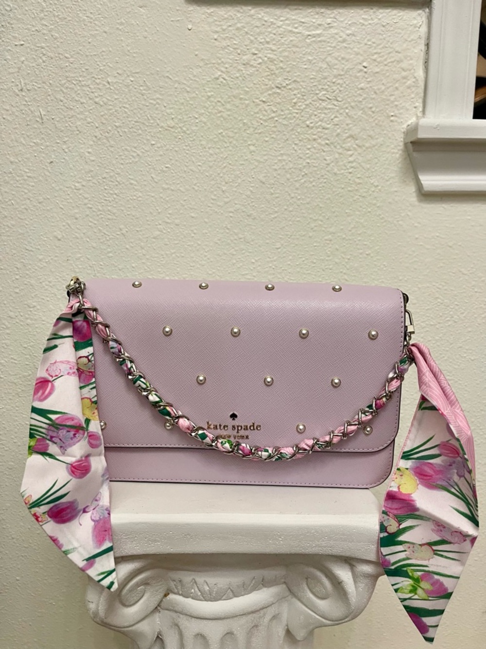 Bag Charm; silver bag chain strap w/Pink multi flower Scarf Strap